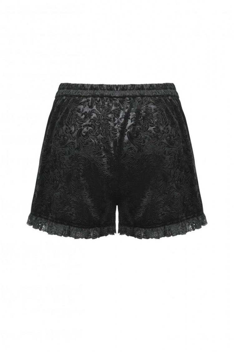 Black Embossed Ruffled Lace Splice Women's Punk Shorts - Product - 15