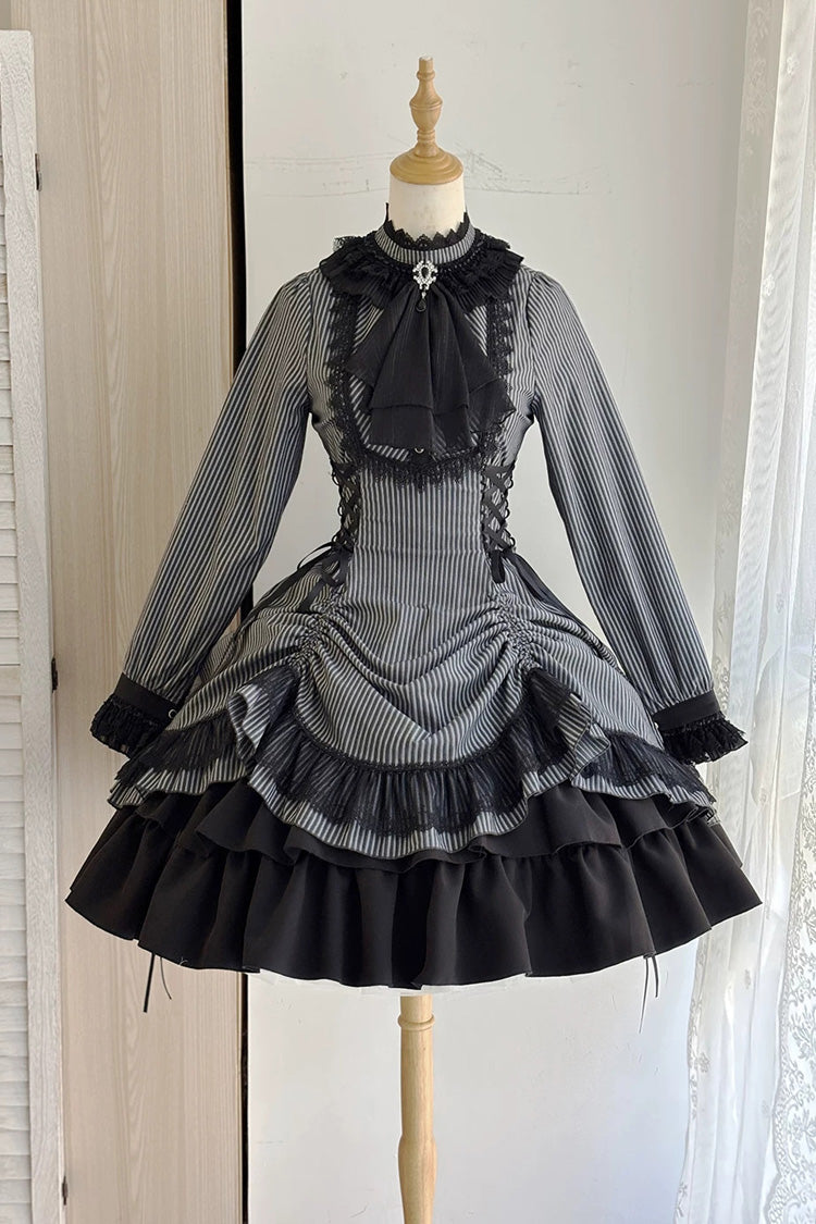 Black [Point Manor] Stand Collar Long Sleeves Multi-Layered Striped Printed Ruffled Lifted Hem Bow Gothic Lolita Dress - Product - 3