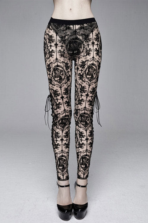 Brown Flocking Printing Mesh Side Lace Up Leggings Womens Pants - Brown - 1