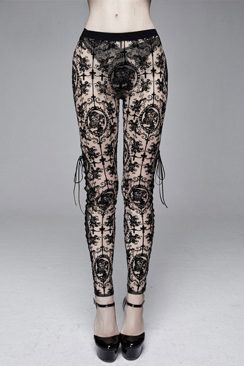 Brown Flocking Printing Mesh Side Lace Up Leggings Womens Pants - Brown - 1