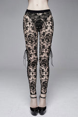 Brown Flocking Printing Mesh Side Lace Up Leggings Womens Pants - Brown - 1