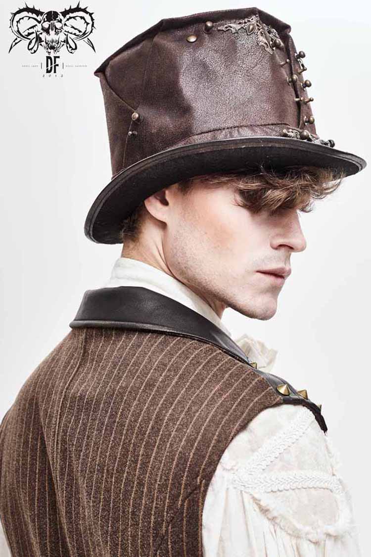 Brown Medium Top Leather Metal Stud Decorated Men's Gothic Hat - Product - 6
