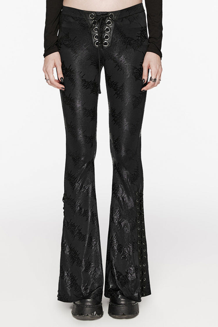 Low Waisted Thorns Print Lace-Up Women's Steampunk Flared Pants 2 Colors - Black - 1