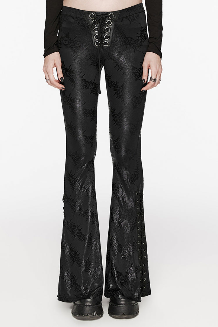 Low Waisted Thorns Print Lace-Up Women's Steampunk Flared Pants 2 Colors - Black - 1