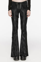 Low Waisted Thorns Print Lace-Up Women's Steampunk Flared Pants 2 Colors - Black - 1