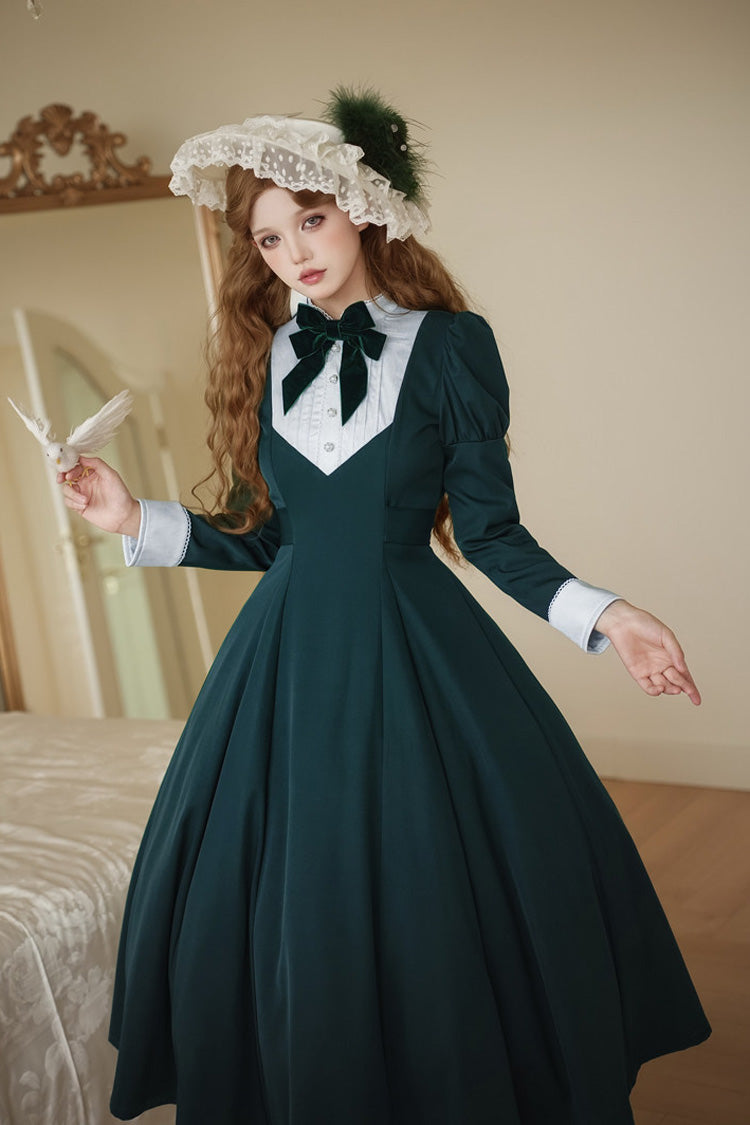 Green [Miss Donya] Stand Collar Long Sleeves Bow Gothic Elegant Lolita OP Dress - Product - 5
