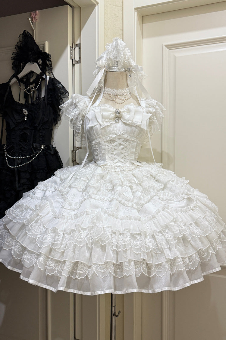 White [Eternal Vow] Sleeveless Multi-Layered Ruffle Hanayome Bowknot Lace Lace-Up Sweet Lolita Jsk Dress - White - 1