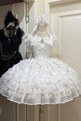 White [Eternal Vow] Sleeveless Multi-Layered Ruffle Hanayome Bowknot Lace Lace-Up Sweet Lolita Jsk Dress - White - 1