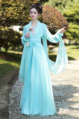 Blue Long Sleeves Print Embroidery Women's Sweet Classic Hanfu Dress Full Set - Product - 2