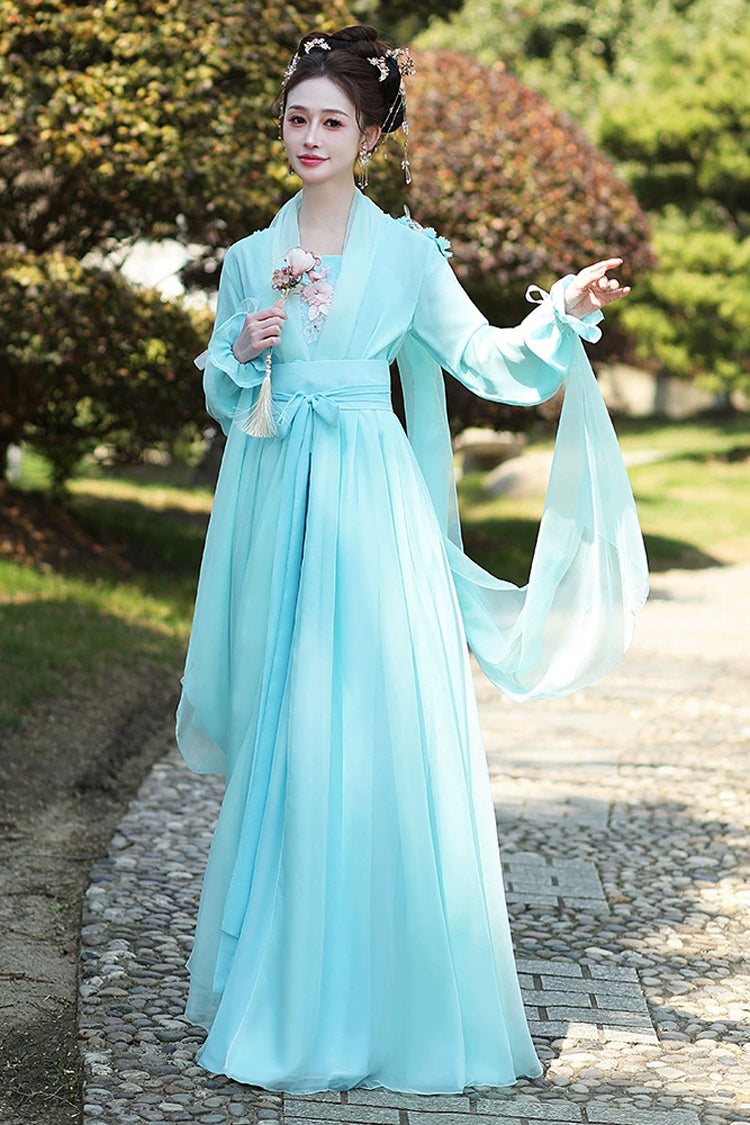 Blue Long Sleeves Print Embroidery Women's Sweet Classic Hanfu Dress Full Set - Product - 2