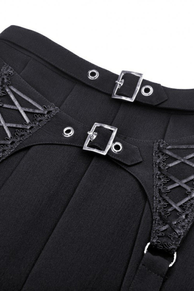 Black Double Buckled Women's Punk Pleated Skirt - Product - 11