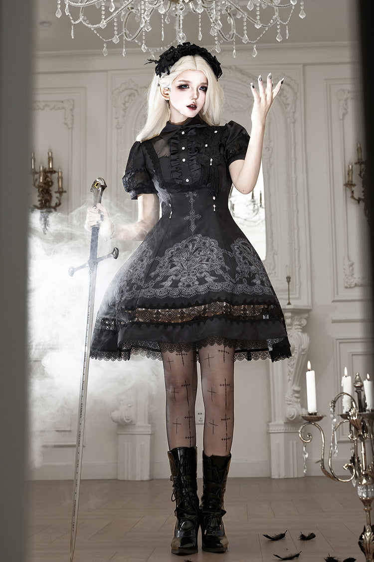 Black Lapel Collar Short Sleeves Ruffled Embroidered Lace Classic Gothic Elegant Lolita Dress - Product - 8