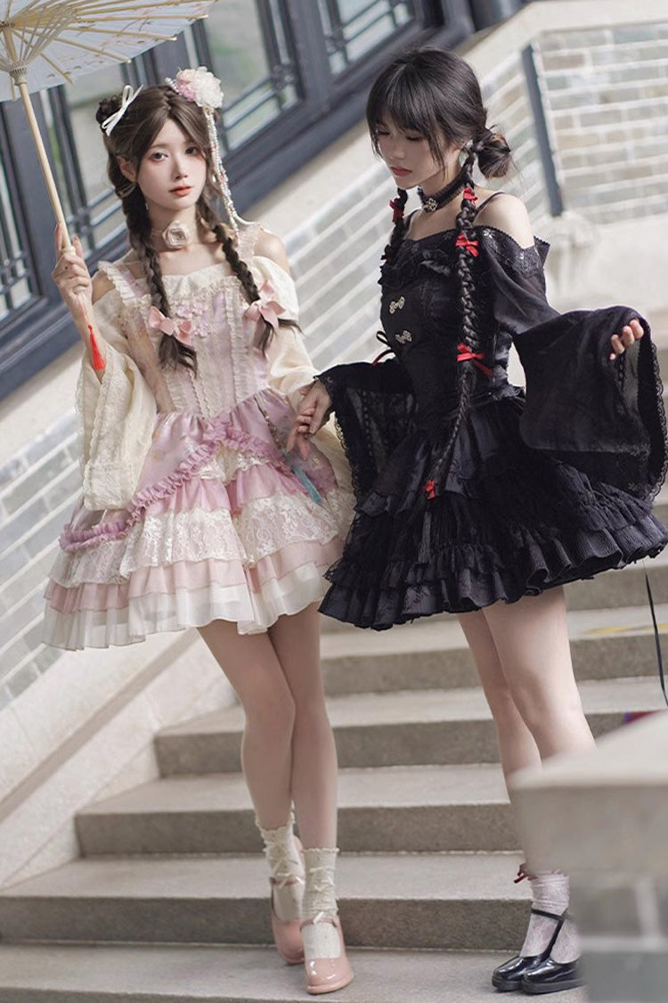 Pink Multi-Layered Ruffle Cardigan Lace Sweet Chinese Style Lolita Jsk Dress - Product - 8