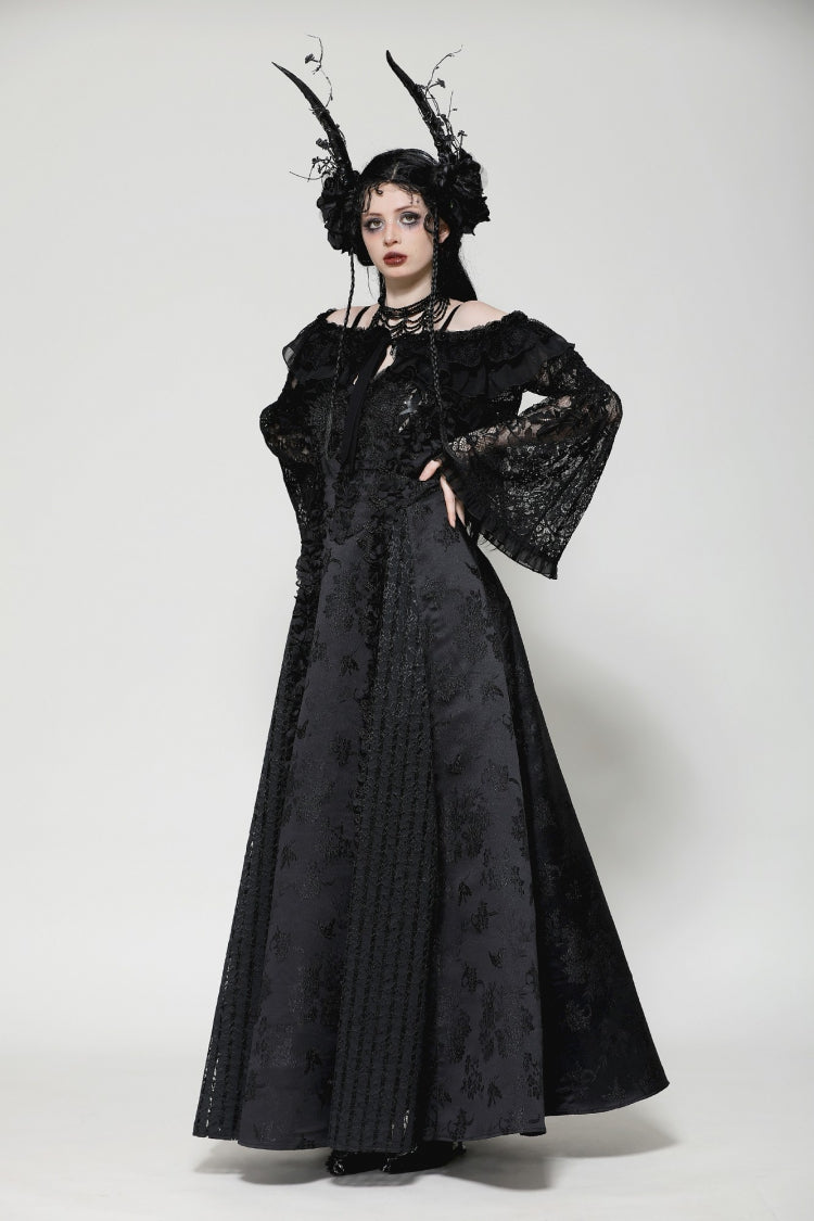 Black Ruffled Off Shoulder Long Bishop Sleeves Lace Women's Gothic Cape - Product - 9
