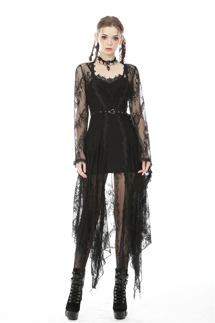 Black Long Trumpet Sleeves Sheer Floral Lace Women's Gothic Maxi Cloak with Belts - Product - 6