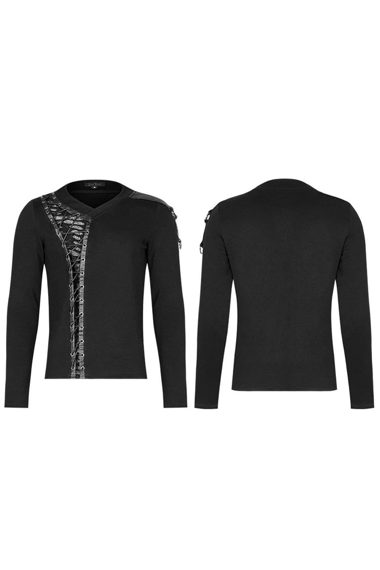Black Long Sleeve Knit Front Splice Imitation Leather Lace Up Men's Punk T-Shirt - Product - 5
