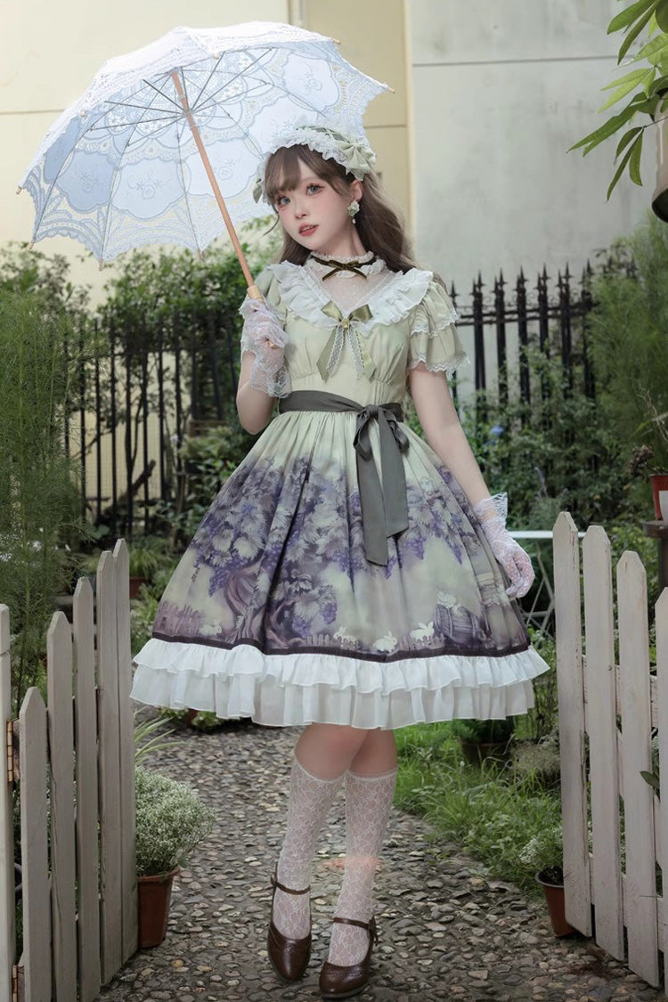 Multi-Color Short Sleeves Vineyard Print Ruffle Bowknot Sweet Princess Lolita Dress - Product - 3