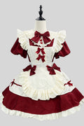 Wine Red/White Short-Sleeve Ruffle Bow Lace Plus-Size Sweet Maid Lolita Dress Set front view