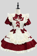 Wine/White Short Sleeves Ruffle Bowknot Lace Plus Size Sweet Maid Short Lolita Dress - Wine/White - 1