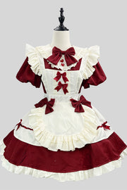 Wine Red/White Short-Sleeve Ruffle Bow Lace Plus-Size Sweet Maid Lolita Dress Set front view