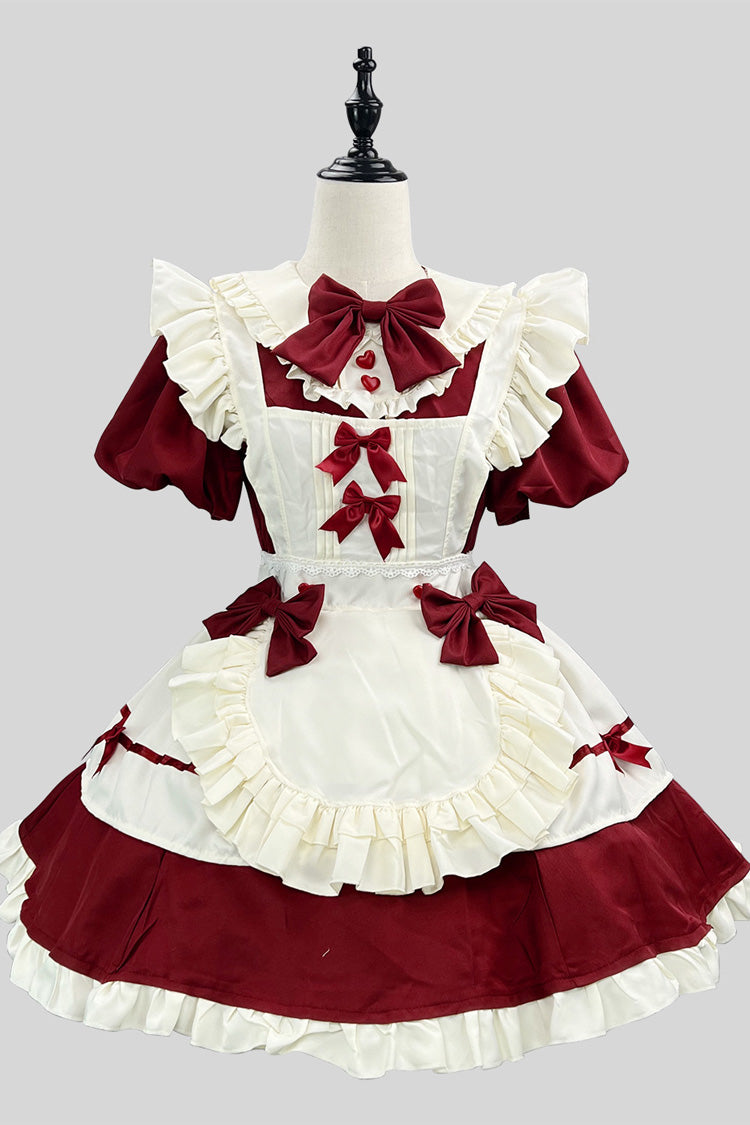 Wine/White Short Sleeves Ruffle Bowknot Lace Plus Size Sweet Maid Short Lolita Dress - Wine/White - 1