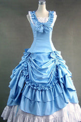 Blue Cotton Square Collar Sleeveless Floor Length Pleats Classic Lolita Dress - Blue - 1