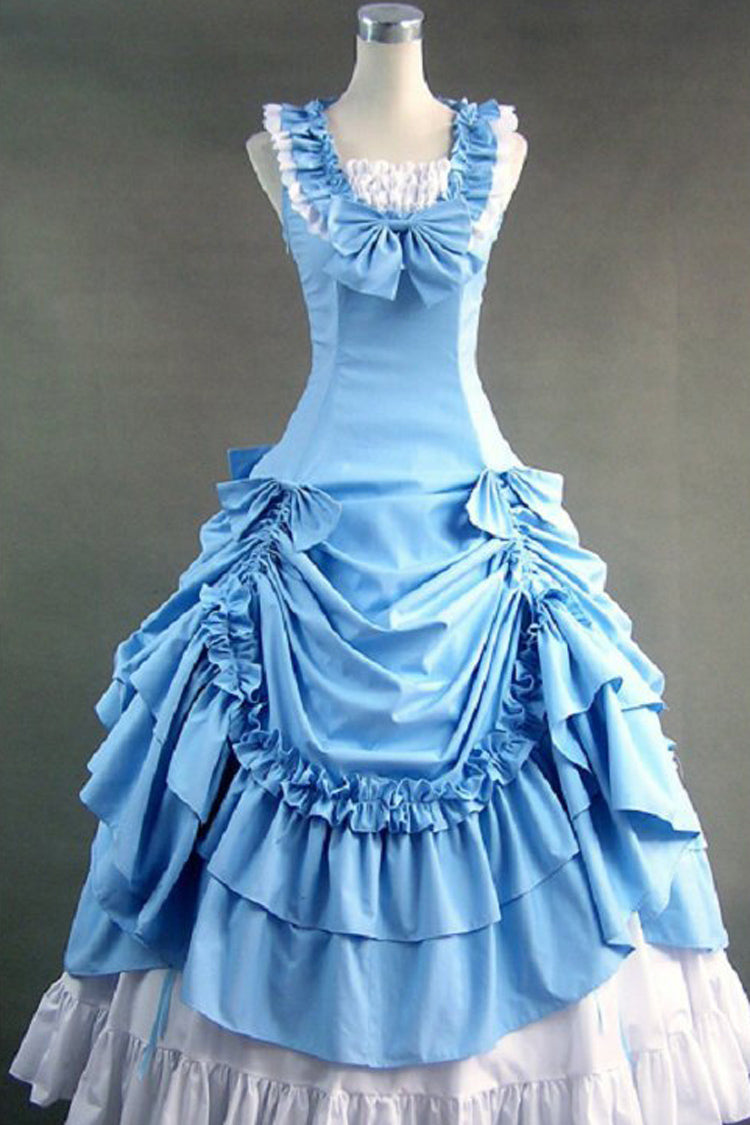 Blue Cotton Square Collar Sleeveless Floor Length Pleats Classic Lolita Dress - Blue - 1