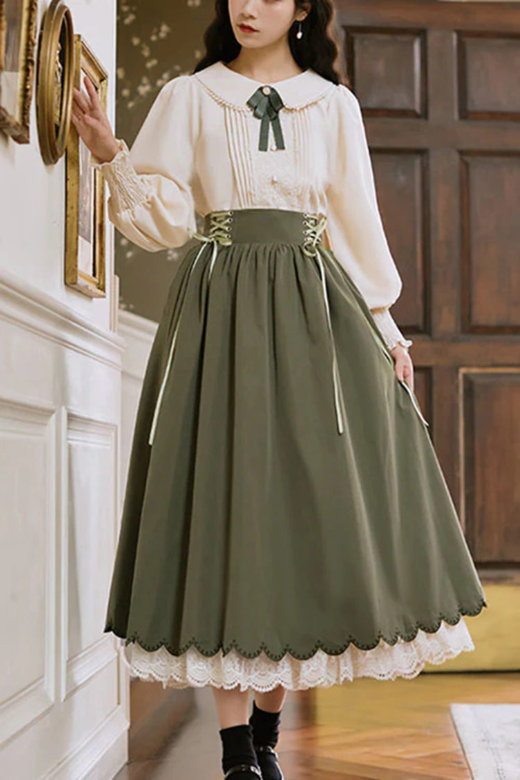 Solid Color High Waisted Lace Wave Hem Two Pieces Classic Lolita Dress - Green - 6