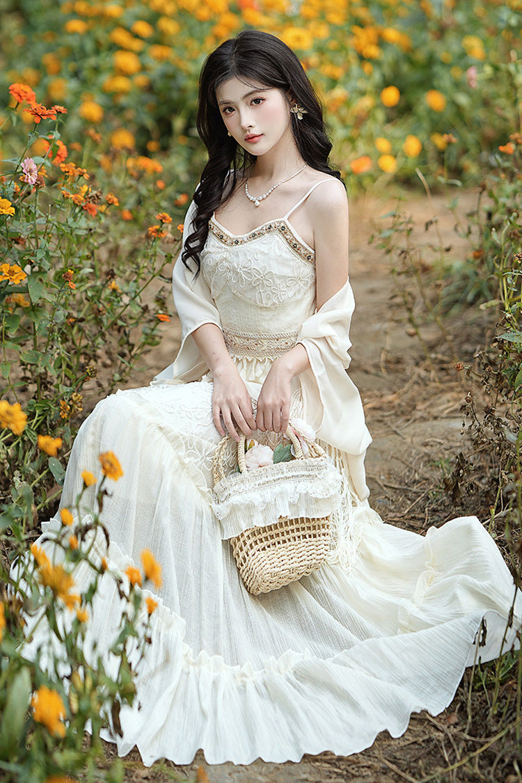 Apricot Bohemian Style Sleeveless Ruffled Embroidered Sweet Lolita Skirt Set - Product - 4