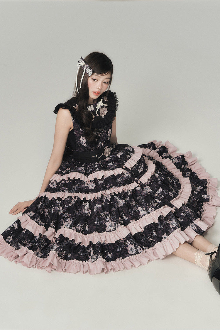 Black [Sacred Heart Lily] Round Collar Sleeveless Multi-Layered Printed Ruffled Embroidered Sweet Chinese Inspired Lolita Jumper Dress - Product - 4