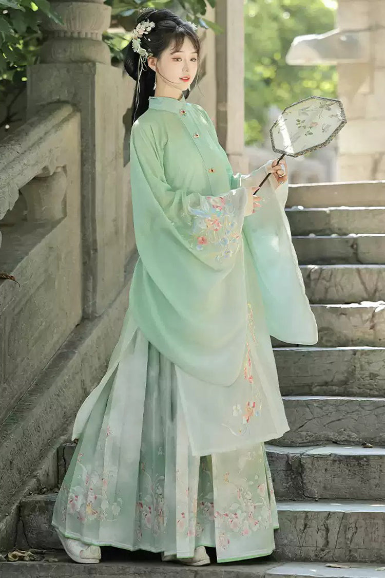 Green [Spring Scenery Gardens] Collar High Waisted Embroidered Women's Sweet Hanfu Dress Set - Product - 2