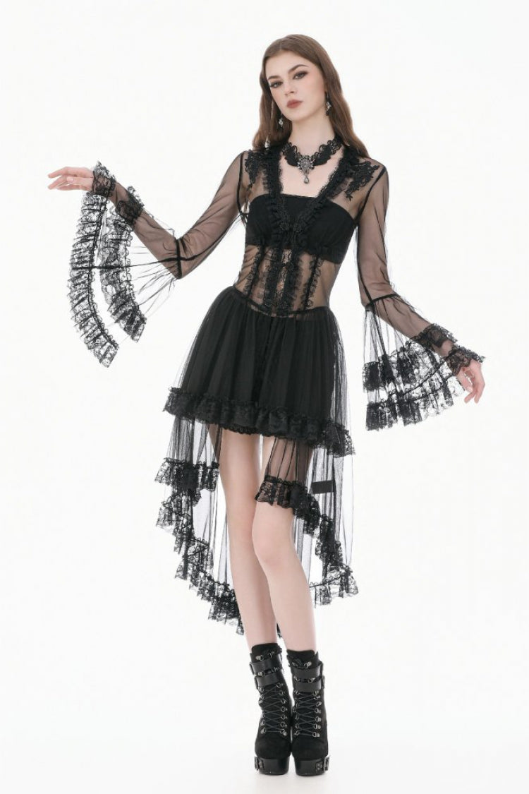 Black Deep-V Ruffled Long Flare Sleeves Sheer Lace Patchwork Lace-Up Women's Gothic Duster - Product - 9