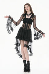 Black Deep-V Ruffled Long Flare Sleeves Sheer Lace Patchwork Lace-Up Women's Gothic Duster - Product - 9