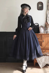 Blue [Griffin’s Pact] Striped Printed Ruffled Gothic Lolita Skirt Vest Set - Blue (Set) - 1
