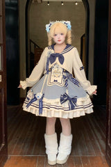 Blue/Ivory [Ride the Wind and Waves] Double-Layered Printed Ruffled Bow Lace Sweet Lolita Jsk Dress Set (Coat Included) - Product - 8