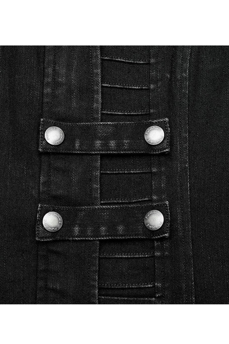 Black Denim Slant Pocket Washed Distressed Stretch Women's Punk Jacket - Product - 6