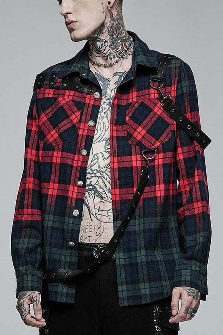 Red/Green Punk Plaid Simple Leather Loops Cotton asticity Men's Shirt - Red/Green - 1