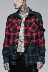 Red/Green Punk Plaid Simple Leather Loops Cotton asticity Men's Shirt - Red/Green - 1