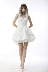 White Sleeveless High/Low Multi-Layered Jacquard Lace Lace-Up Women's Gothic Slip Wedding Graduation Dress - Product - 10