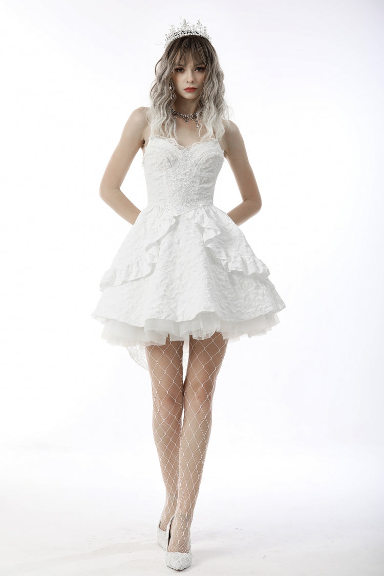 White Sleeveless High/Low Multi-Layered Jacquard Lace Lace-Up Women's Gothic Slip Wedding Graduation Dress - Product - 10