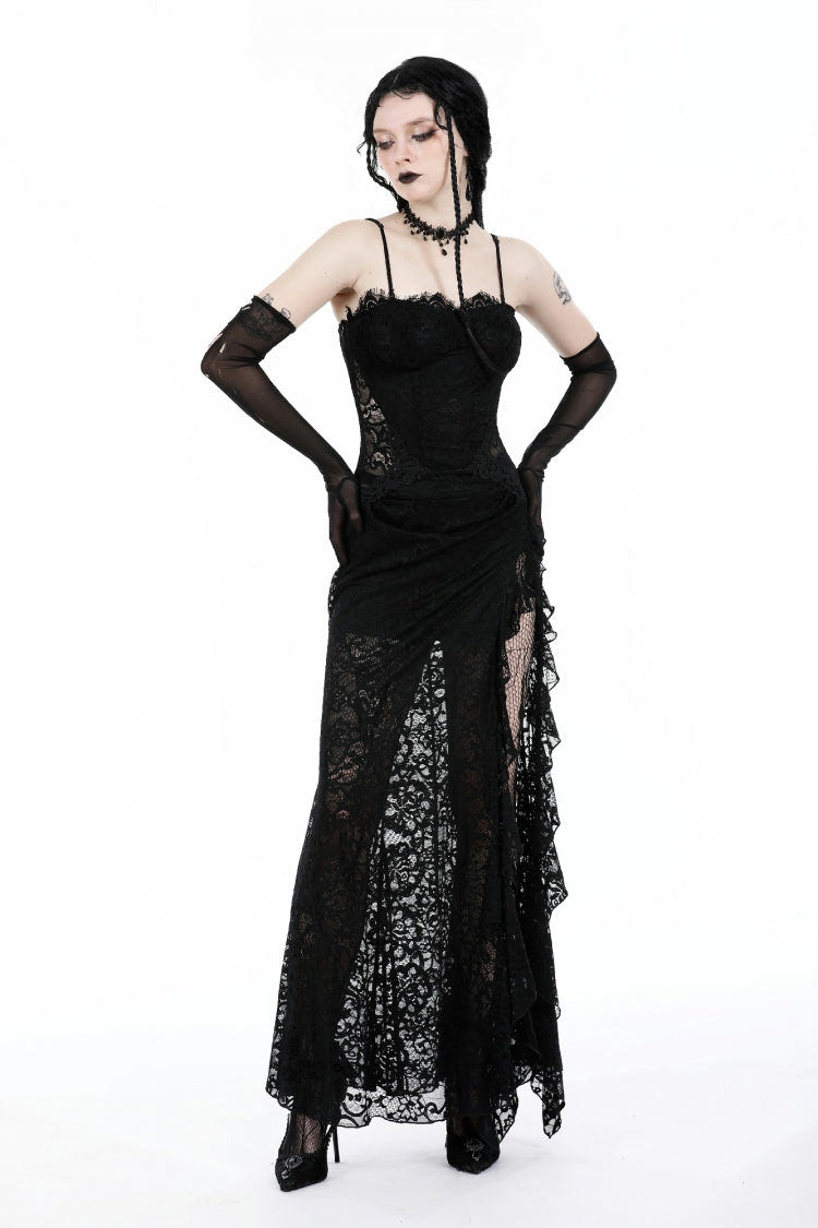 Black Sleeveless Side Slit Ruffled Lace Lace-Up Women's Gothic Maxi Slip Wedding Dress - Product - 7