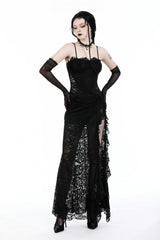 Black Sleeveless Side Slit Ruffled Lace Lace-Up Women's Gothic Maxi Slip Wedding Dress - Product - 7