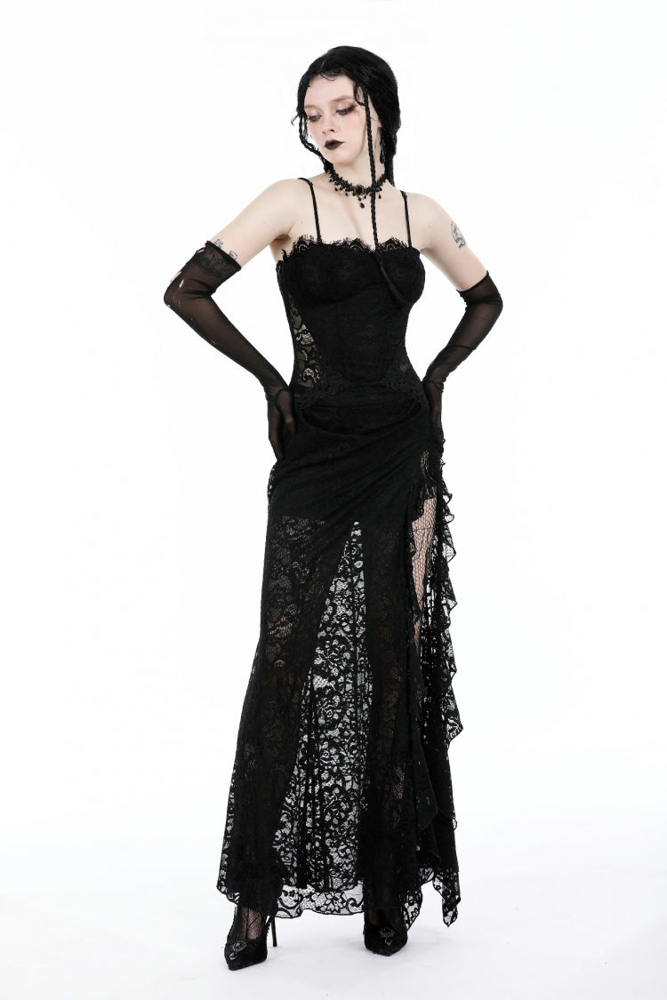 Black Sleeveless Side Slit Ruffled Lace Lace-Up Women's Gothic Maxi Slip Wedding Dress - Product - 7