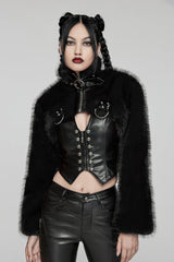 Black Stand Collar Long Sleeves Women's Punk Faux Fur Short Jacket - Product - 3