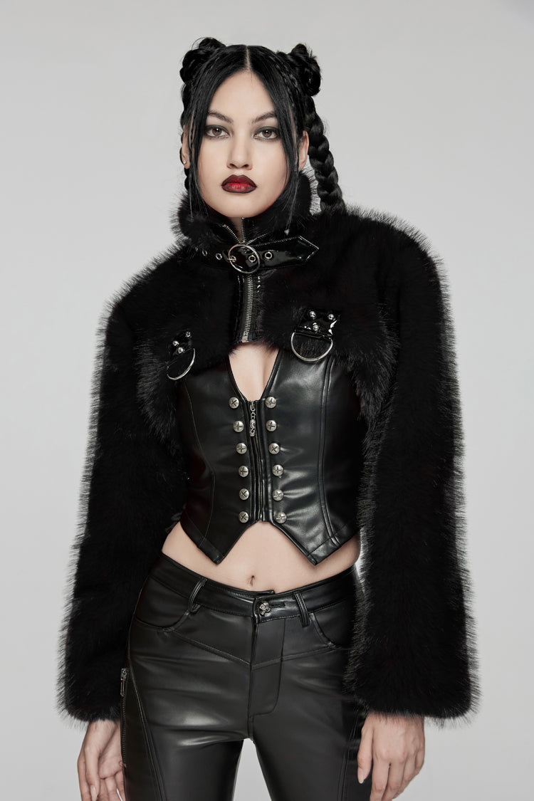 Black Stand Collar Long Sleeves Women's Punk Faux Fur Short Jacket - Product - 3