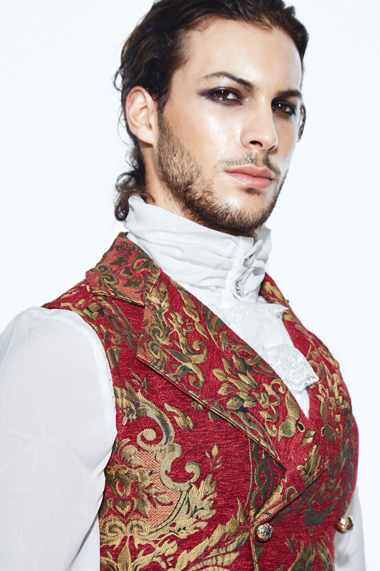 Red/Gold Palace Short Big Jacquard Pattern Men's Gothic Waistcoat - Product - 7