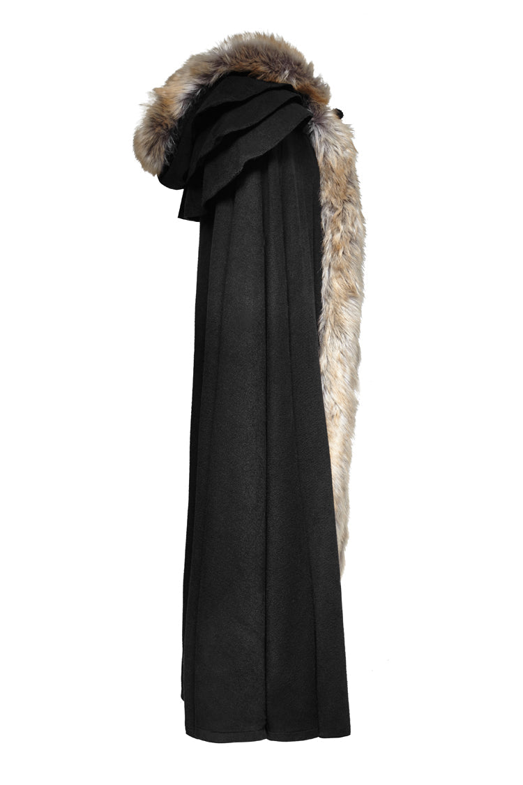 Black Hooded Fur Collar Wool Long Mens Gothic Coat Cloak - Product - 7