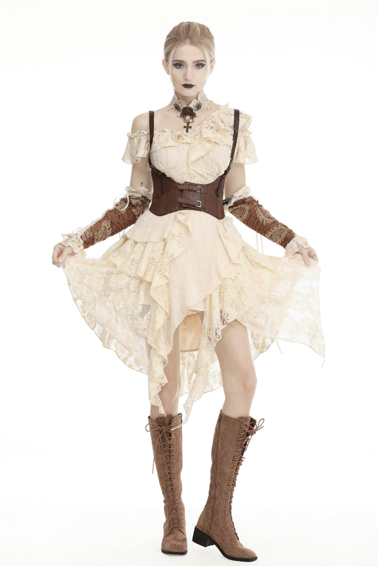 Beige Irregular Multi-Layered Ruffled Lace Women's Steampunk Vintage Dress - Product - 9