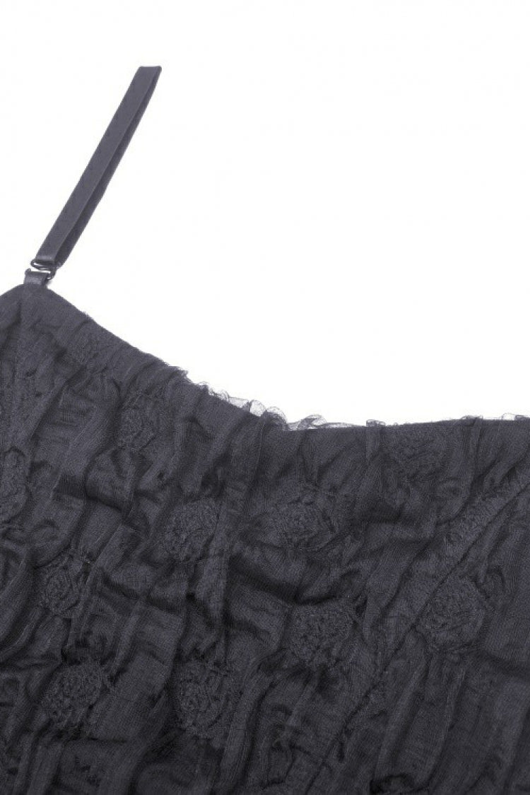 Black Sleeveless Irregular High Low Multi-Layered Lace Lace-Up Women's Gothic Slip Dress - Product - 9