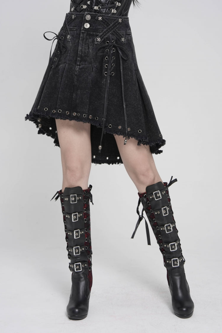 Black Lace-Up Pleated Eyelet Women's Punk Skirt - Product - 5